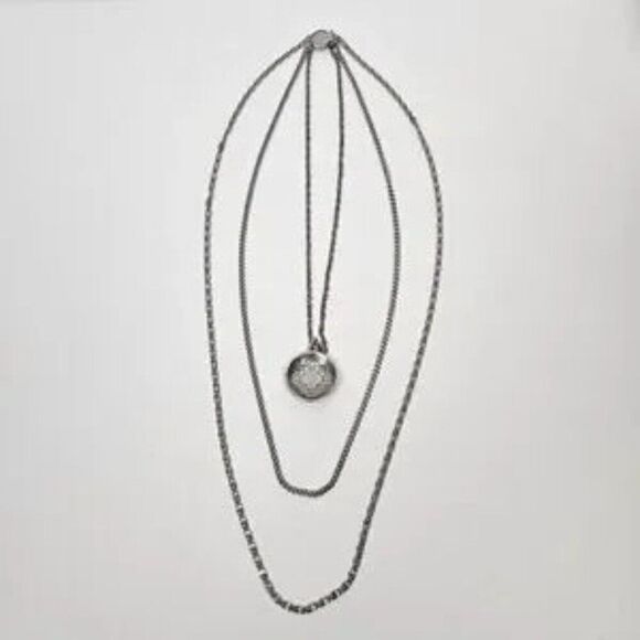 Vtg Triple 3 Strand Necklace Ornate Filigree Pendant Silver Tone Chain Rope Curb - Picture 6 of 12